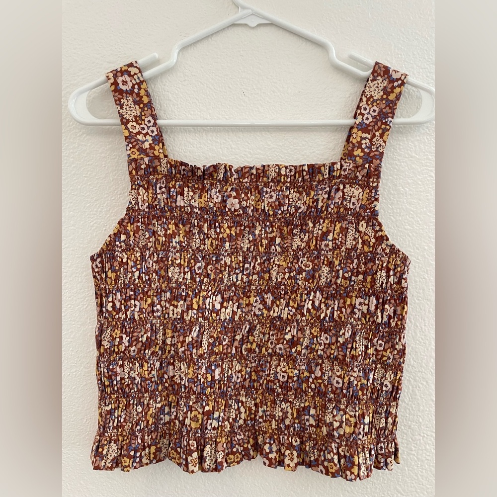 Everlane Floral Smocked Tank Top in Brown and Yellow